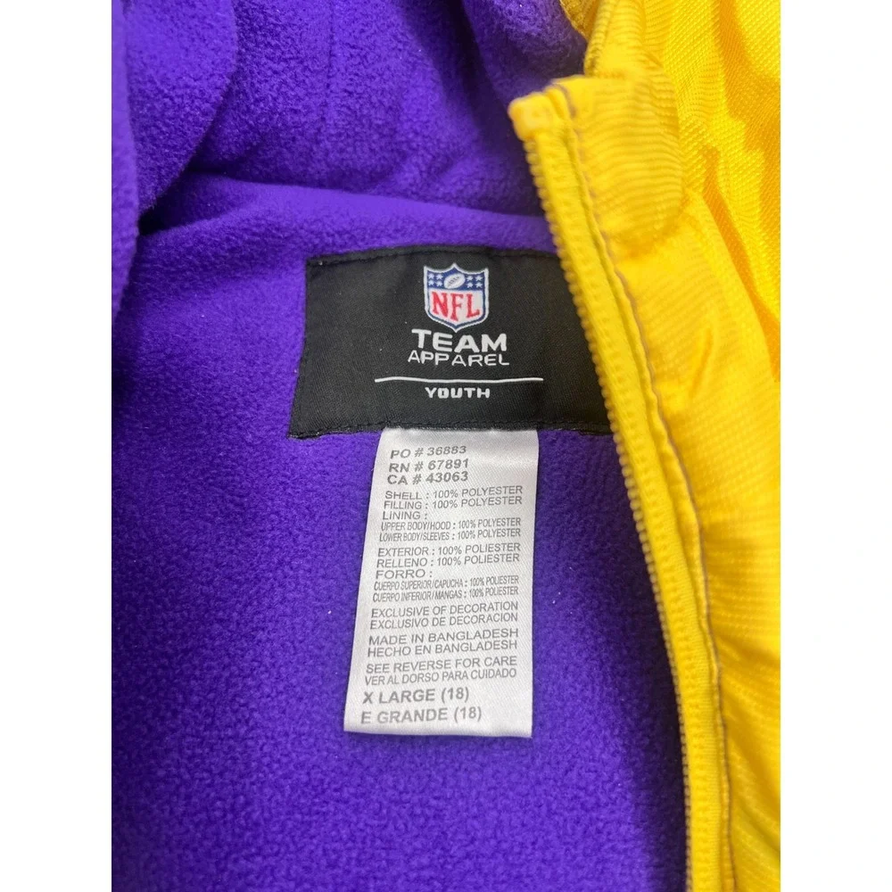 NFL Minnesota Vikings Puffer Jacket Youth XL 18 Purple Yellow Full Zip Football